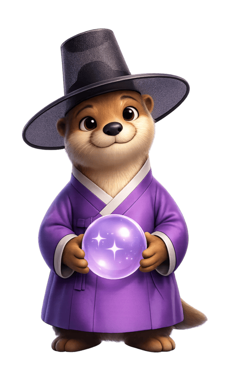 OtterPrism mascot in traditional Korean attire holding a crystal ball